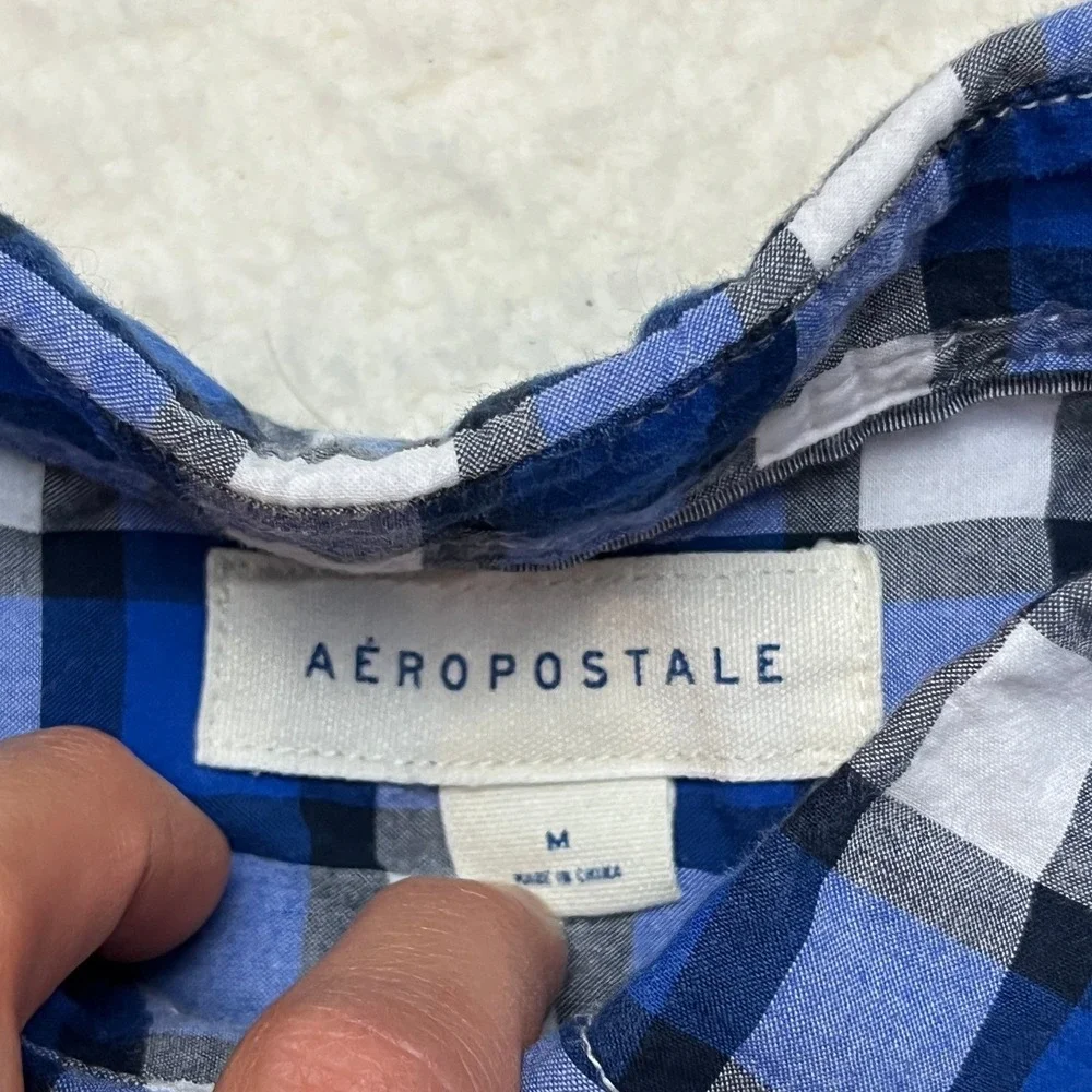 Aeropostale‎ Button Down Mens M Blue Plaid Gingham Long Sleeve Cotton Shirt